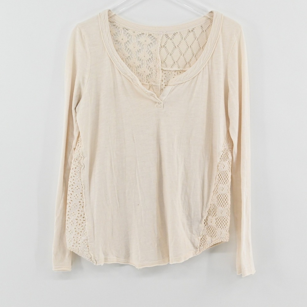 Free People Patches of Lace Top Womens Size S Cream Patchwork Henley Boho Eyelet